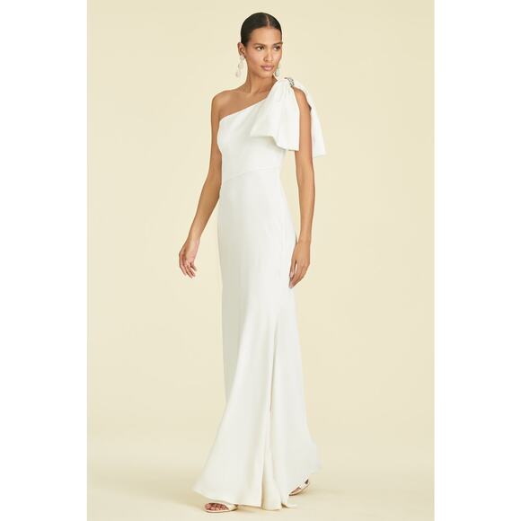 Sachin & Babi Aubrey Ivory Satin Crepe Bow Shoulder Formal Gown Size 0 - Picture 1 of 11